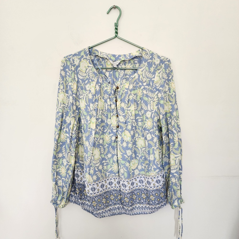 Lucky Brand Womens Blue Floral Border Print Viscose Peasant Blouse Large L Boho